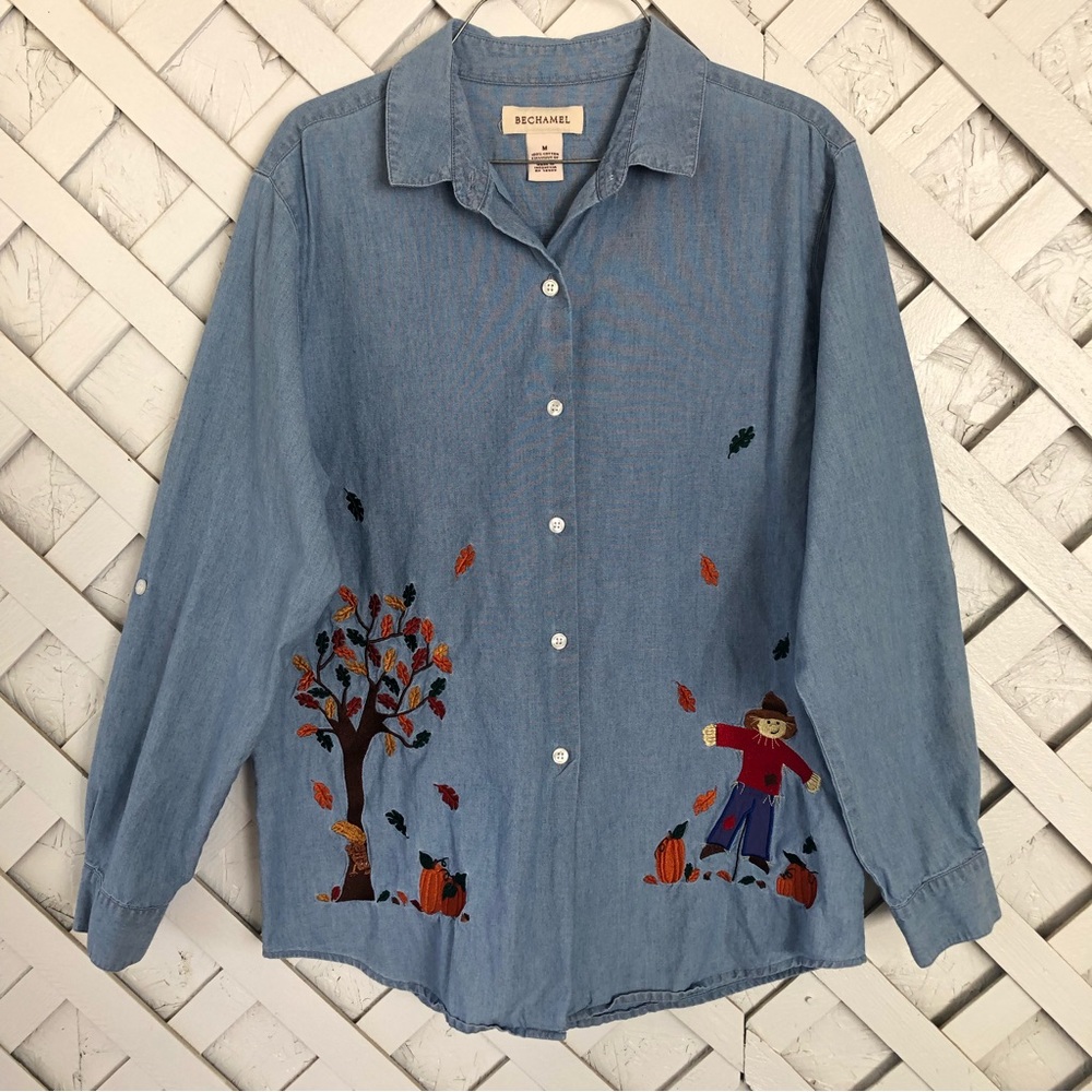 Bechamel Soft Denim Embroidered Long Sleeve Top Fall Autumn Pumpkins